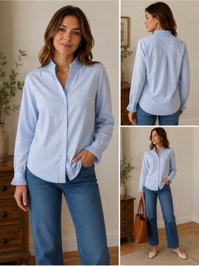NEW Zara Light Blue Women's Ruffle collar Button-Down Shirt